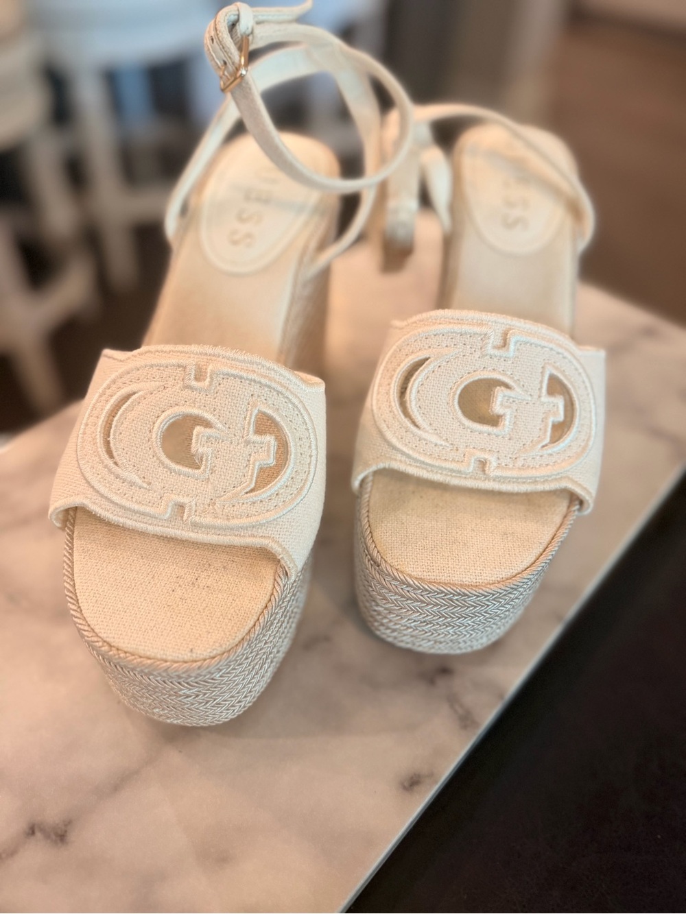 Guess Cream Espadrille Platform Wedge Sandals with Ankle Strap